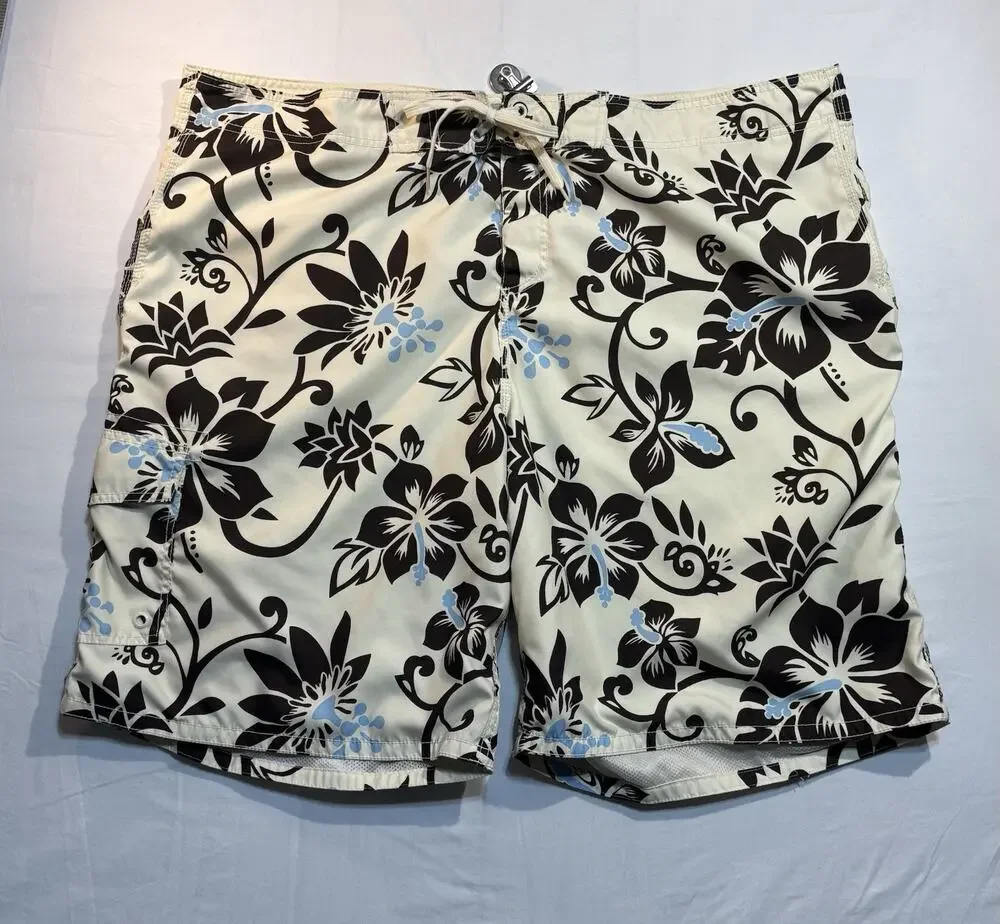 Old Navy Men’s XXL Hawaiian Floral Board Shorts Swim Trunks White Black Blue